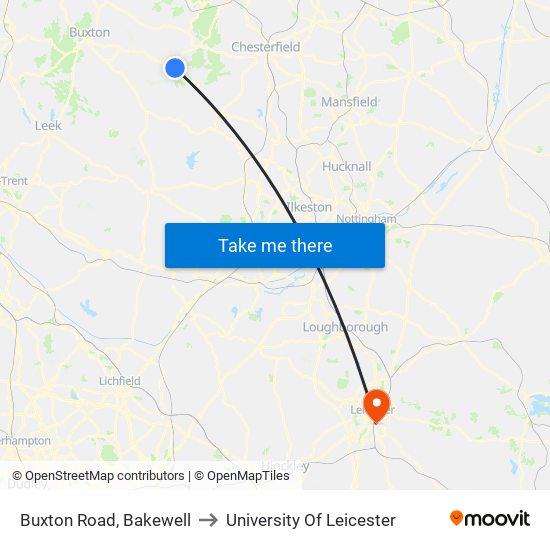 Buxton Road, Bakewell to University Of Leicester map