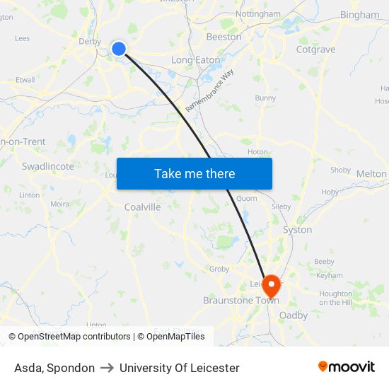 Asda, Spondon to University Of Leicester map
