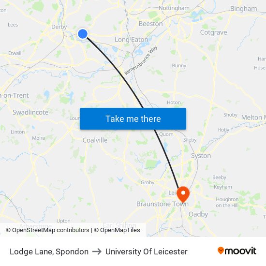Lodge Lane, Spondon to University Of Leicester map