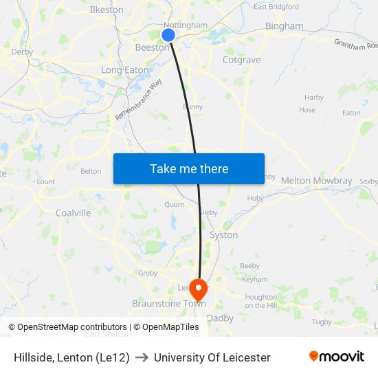 Hillside, Lenton (Le12) to University Of Leicester map