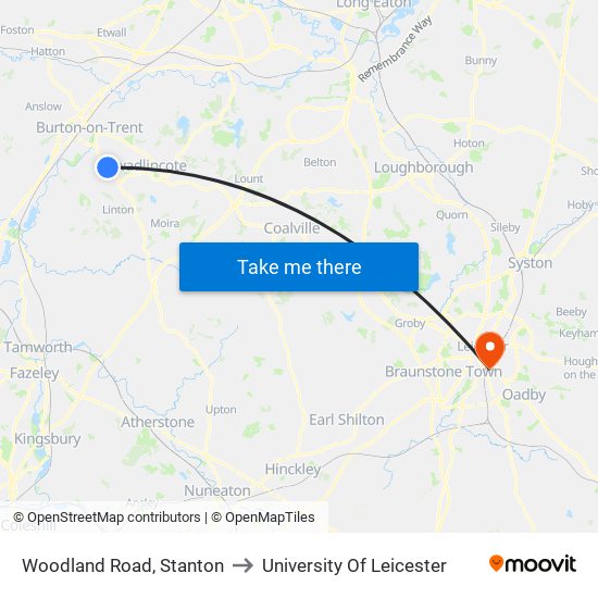 Woodland Road, Stanton to University Of Leicester map