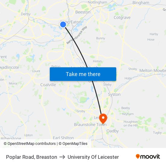 Poplar Road, Breaston to University Of Leicester map