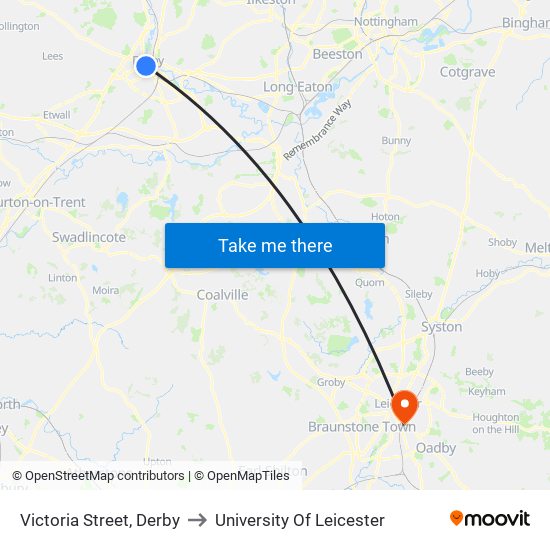 Victoria Street, Derby to University Of Leicester map