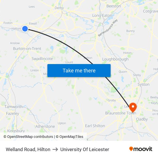 Welland Road, Hilton to University Of Leicester map