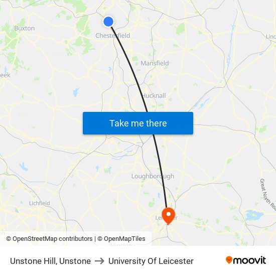 Unstone Hill, Unstone to University Of Leicester map