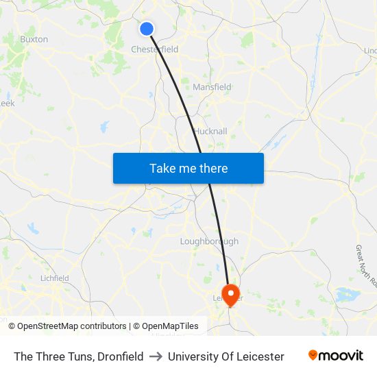 The Three Tuns, Dronfield to University Of Leicester map