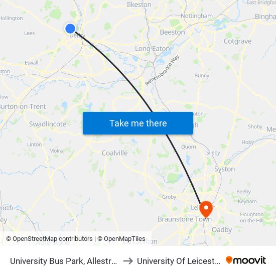 University Bus Park, Allestree to University Of Leicester map