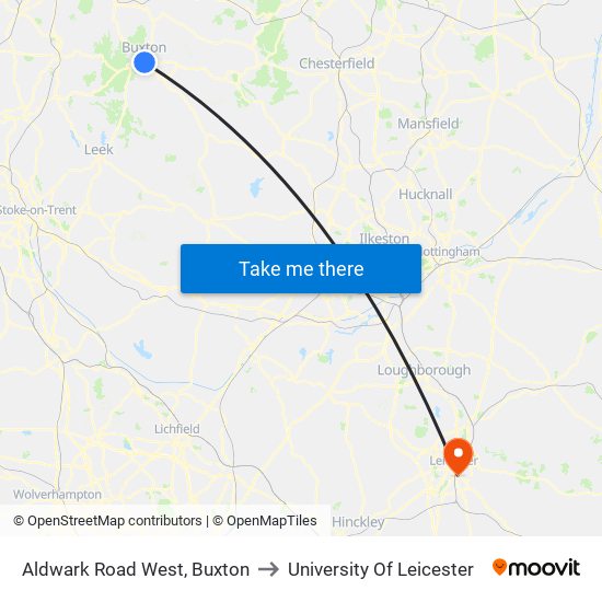 Aldwark Road West, Buxton to University Of Leicester map