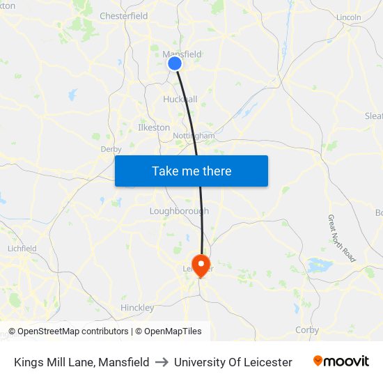 Kings Mill Lane, Mansfield to University Of Leicester map