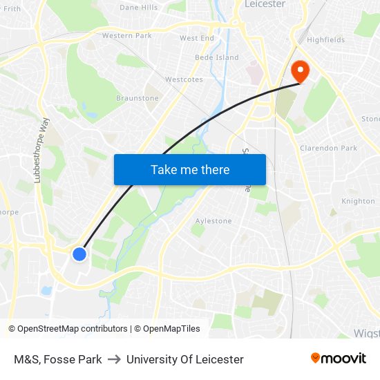 M&S, Fosse Park to University Of Leicester map