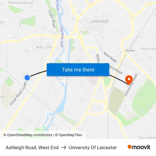 Ashleigh Road, West End to University Of Leicester map