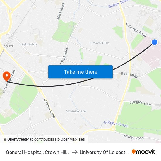General Hospital, Crown Hills to University Of Leicester map