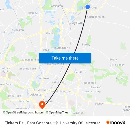 Tinkers Dell, East Goscote to University Of Leicester map