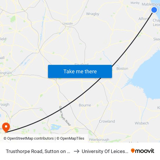 Trusthorpe Road, Sutton on Sea to University Of Leicester map