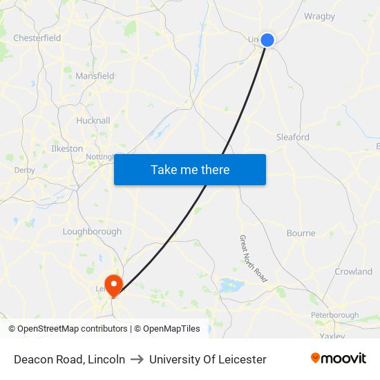 Deacon Road, Lincoln to University Of Leicester map