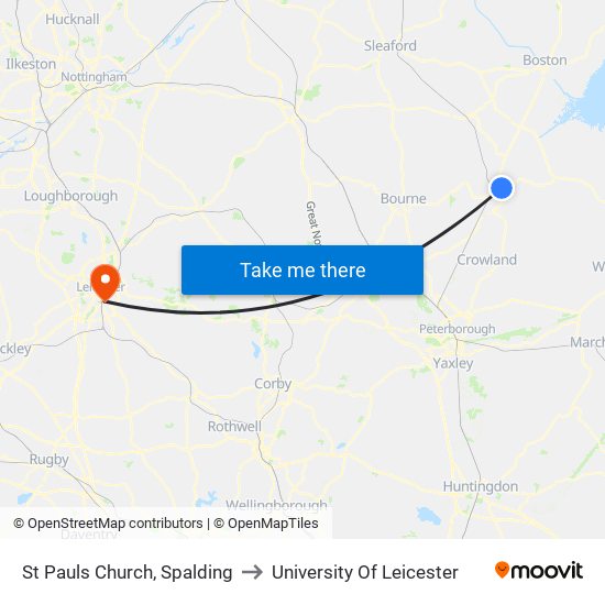 St Pauls Church, Spalding to University Of Leicester map