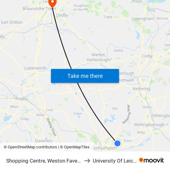 Shopping Centre, Weston Favell Centre to University Of Leicester map