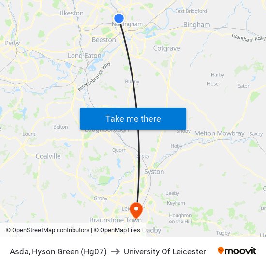 Asda, Hyson Green (Hg07) to University Of Leicester map