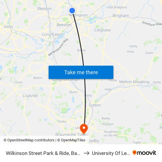 Wilkinson Street Park & Ride, Basford (Ba85) to University Of Leicester map