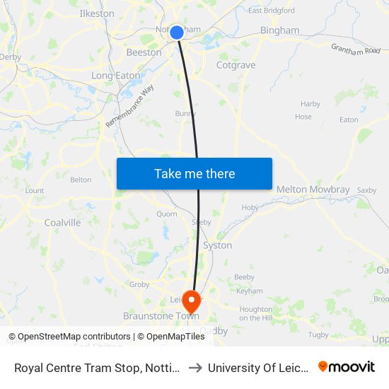 Royal Centre Tram Stop, Nottingham to University Of Leicester map