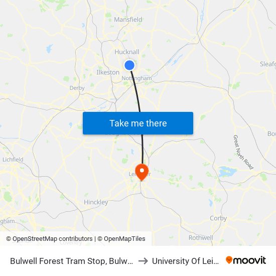 Bulwell Forest Tram Stop, Bulwell Forest to University Of Leicester map