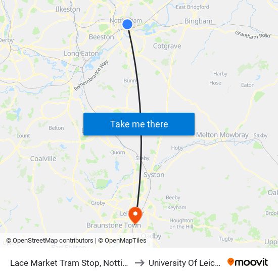 Lace Market Tram Stop, Nottingham to University Of Leicester map