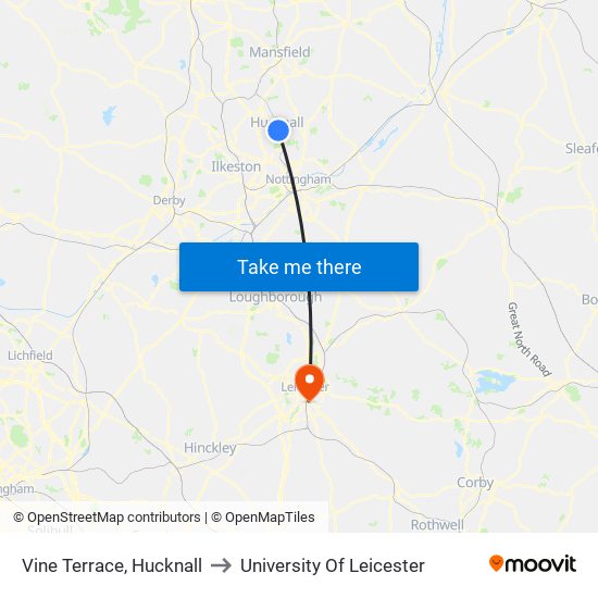 Vine Terrace, Hucknall to University Of Leicester map