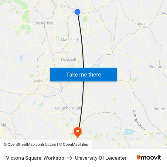 Victoria Square, Worksop to University Of Leicester map
