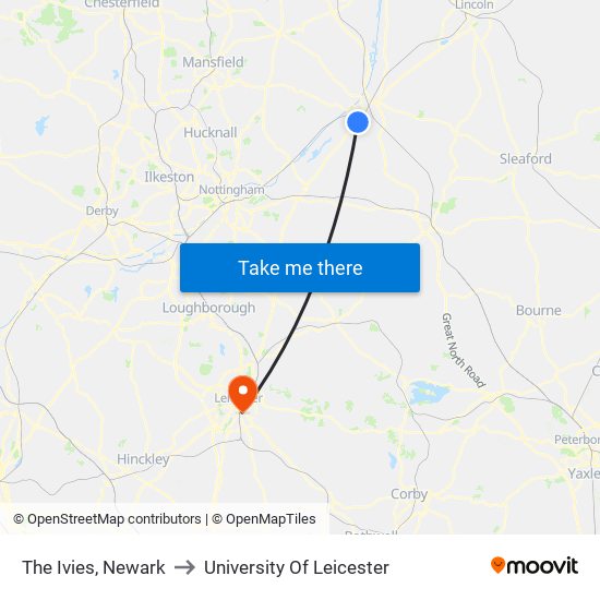 The Ivies, Newark to University Of Leicester map