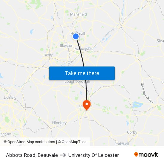 Abbots Road, Beauvale to University Of Leicester map
