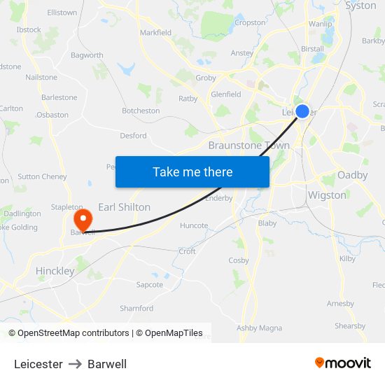 Leicester to Barwell map