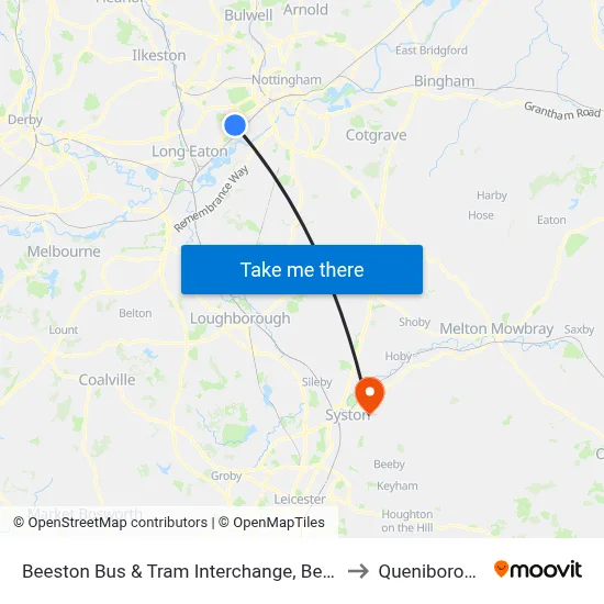 Beeston Bus & Tram Interchange, Beeston to Queniborough map