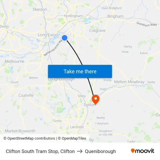 Clifton South Tram Stop, Clifton to Queniborough map