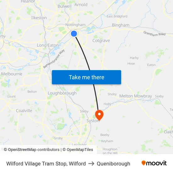 Wilford Village Tram Stop, Wilford to Queniborough map