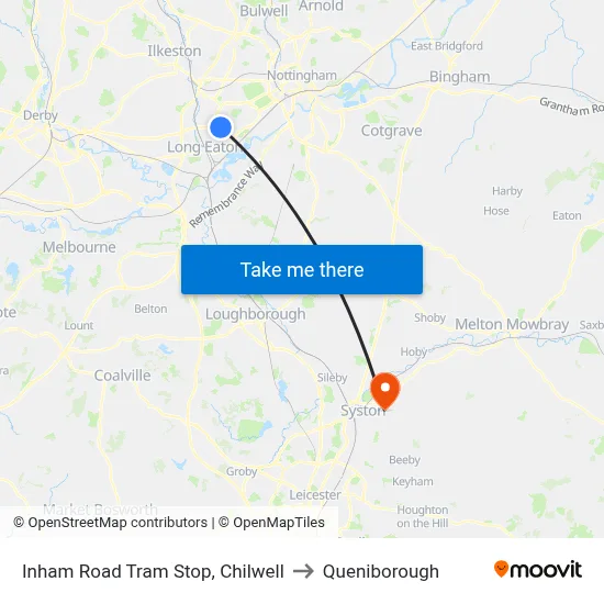 Inham Road Tram Stop, Chilwell to Queniborough map