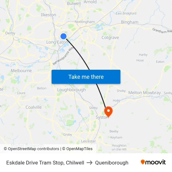 Eskdale Drive Tram Stop, Chilwell to Queniborough map
