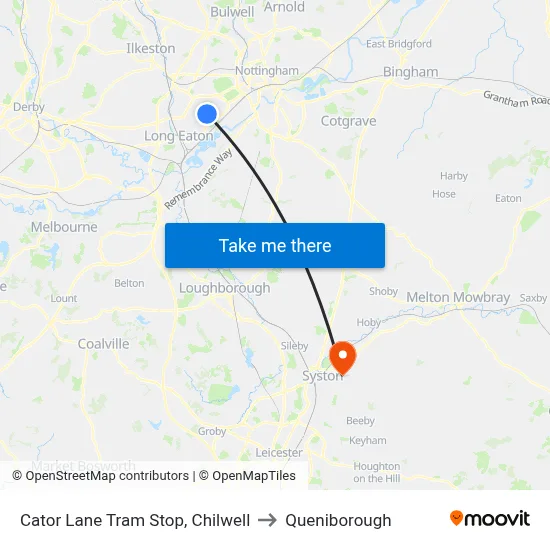 Cator Lane Tram Stop, Chilwell to Queniborough map