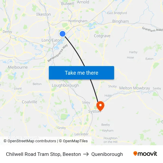 Chilwell Road Tram Stop, Beeston to Queniborough map
