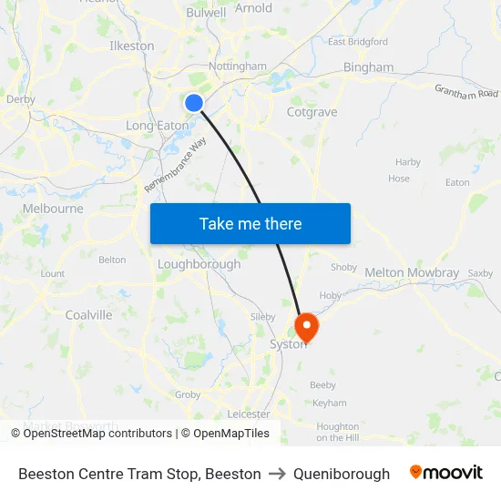 Beeston Centre Tram Stop, Beeston to Queniborough map