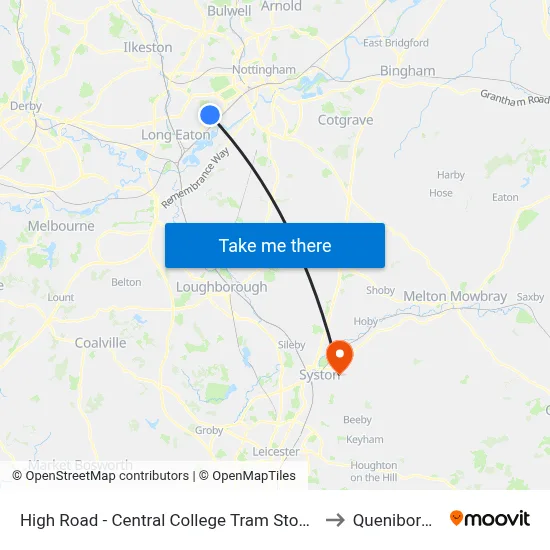 High Road - Central College Tram Stop, Chilwell to Queniborough map