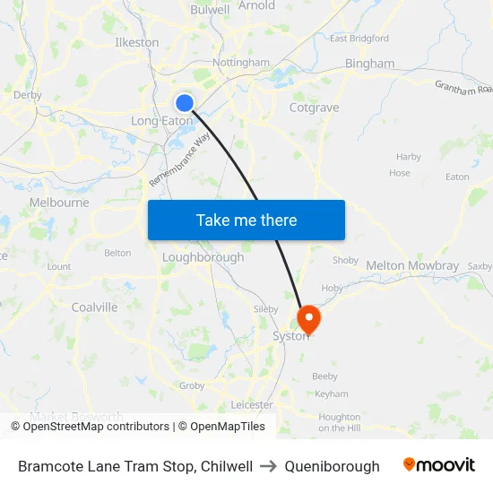 Bramcote Lane Tram Stop, Chilwell to Queniborough map