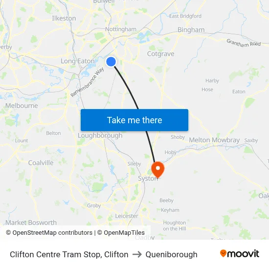 Clifton Centre Tram Stop, Clifton to Queniborough map