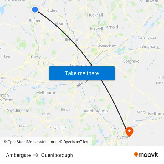 Ambergate to Queniborough map