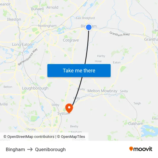 Bingham to Queniborough map
