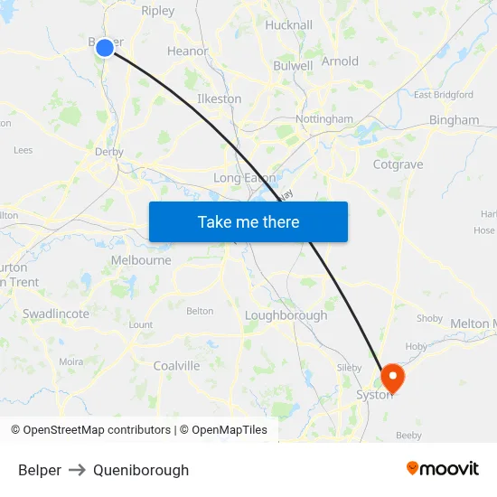 Belper to Queniborough map