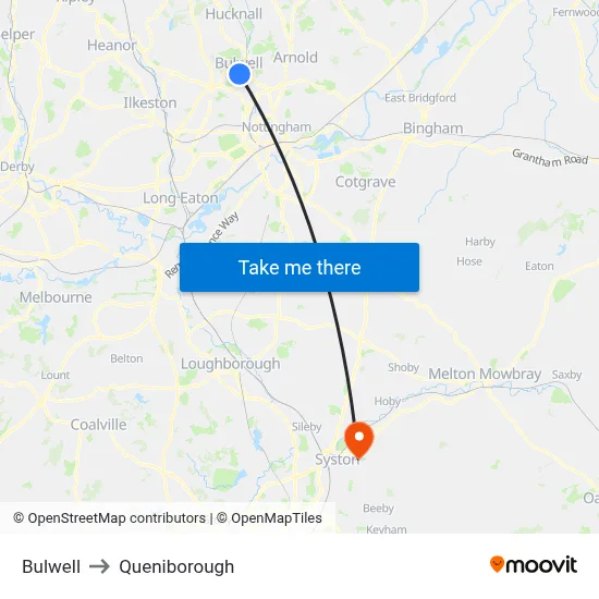 Bulwell to Queniborough map