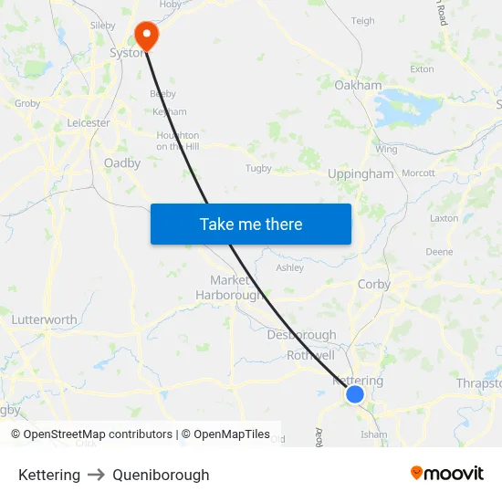 Kettering to Queniborough map
