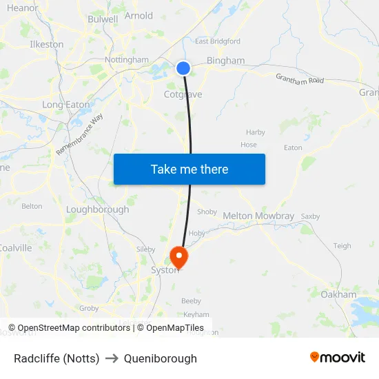 Radcliffe (Notts) to Queniborough map