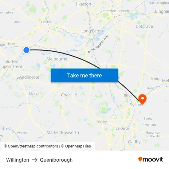 Willington to Queniborough map