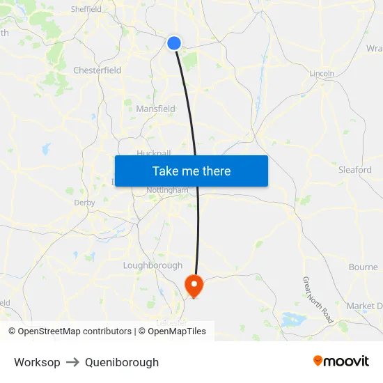 Worksop to Queniborough map